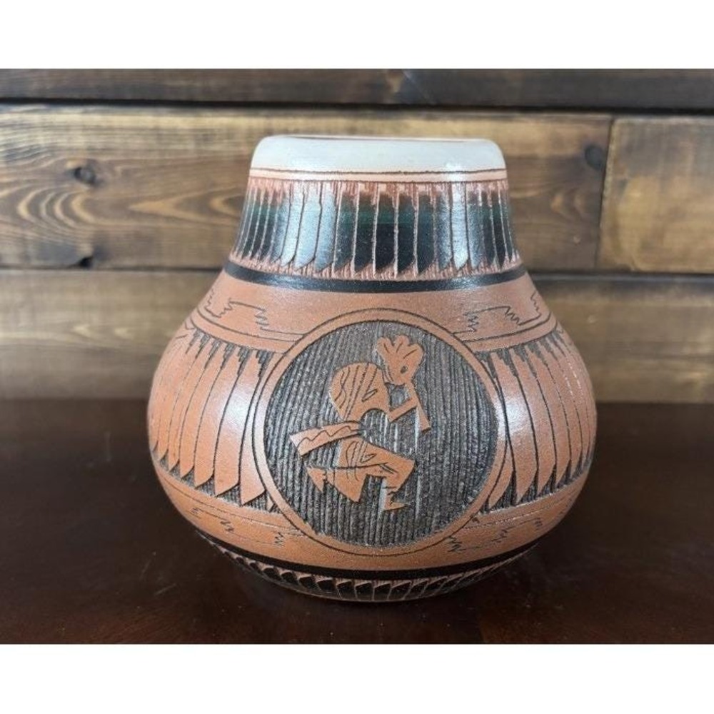Navajo Vintage Etched/Painted Pottery Vase Signed By Mitchell Blackhorse 'Dine'